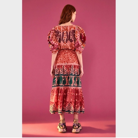 Farm Rio Ainika Print Macaws 3D Flower Apliques Maxi Skirt - Picture 3 of 12